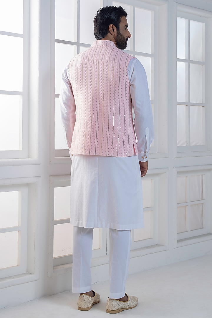 Pink Cotton Satin Hand & Machine Embroidered Nehru Jacket Set by AJAY KMR at Pernia's Pop Up Shop