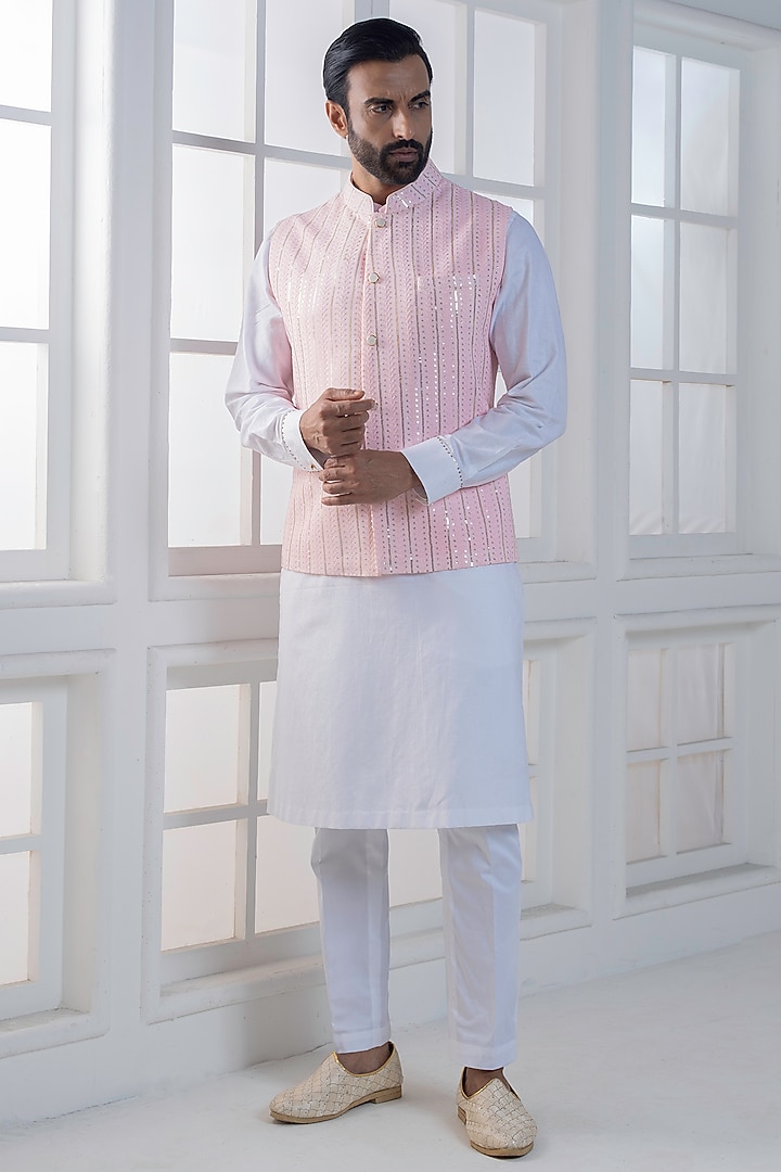 Pink Cotton Satin Hand & Machine Embroidered Nehru Jacket Set by AJAY KMR at Pernia's Pop Up Shop