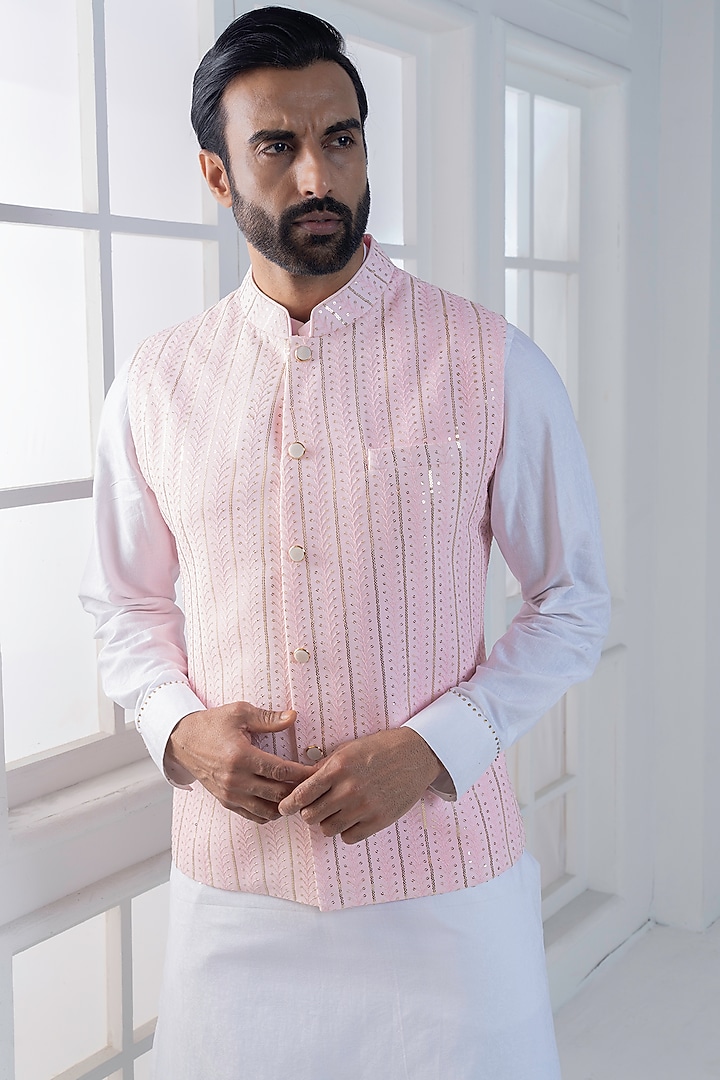 Pink Cotton Satin Hand & Machine Embroidered Nehru Jacket Set by AJAY KMR at Pernia's Pop Up Shop
