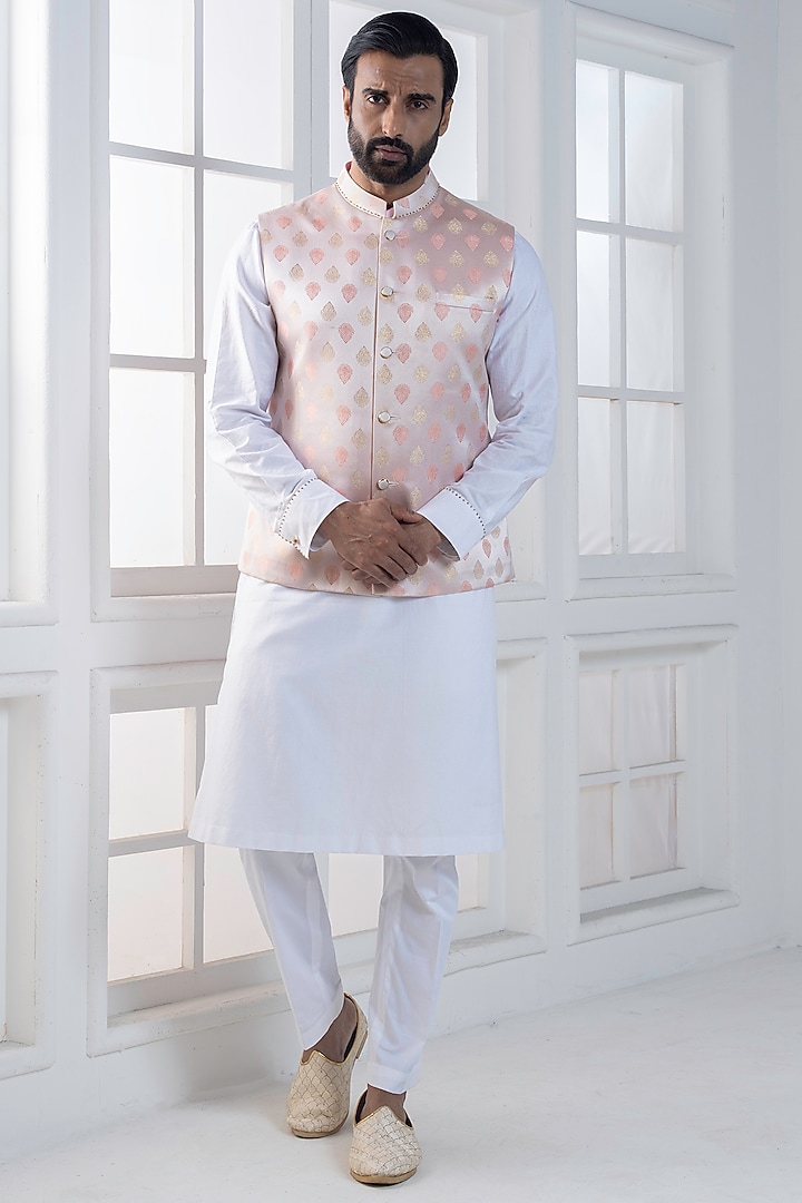 Pink Brocade Hand & Machine Embroidered Nehru Jacket Set by AJAY KMR at Pernia's Pop Up Shop