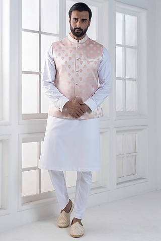 Pink Brocade Hand & Machine Embroidered Nehru Jacket Set by AJAY KMR