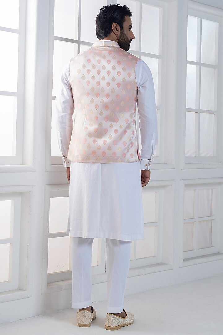 Pink Brocade Hand & Machine Embroidered Nehru Jacket Set by AJAY KMR at Pernia's Pop Up Shop