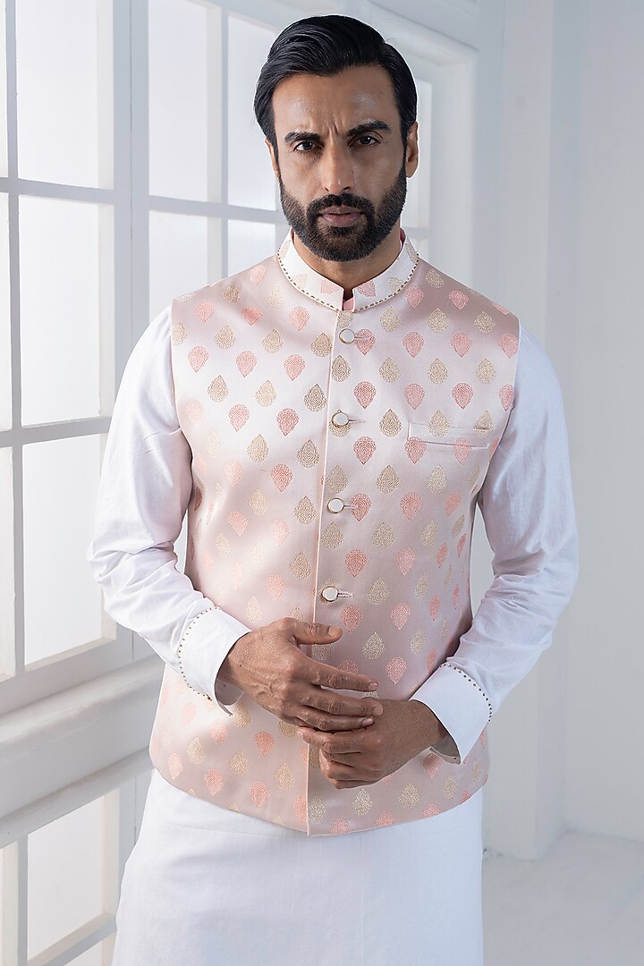Pink Brocade Hand & Machine Embroidered Nehru Jacket Set by AJAY KMR at Pernia's Pop Up Shop