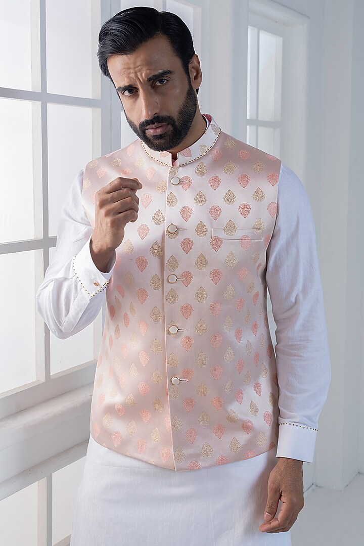 Pink Brocade Hand & Machine Embroidered Nehru Jacket Set by AJAY KMR at Pernia's Pop Up Shop