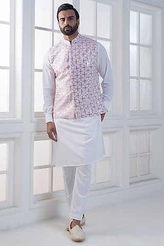Lavender Cotton Satin Hand & Embroidered Nehru Jacket Set by AJAY KMR