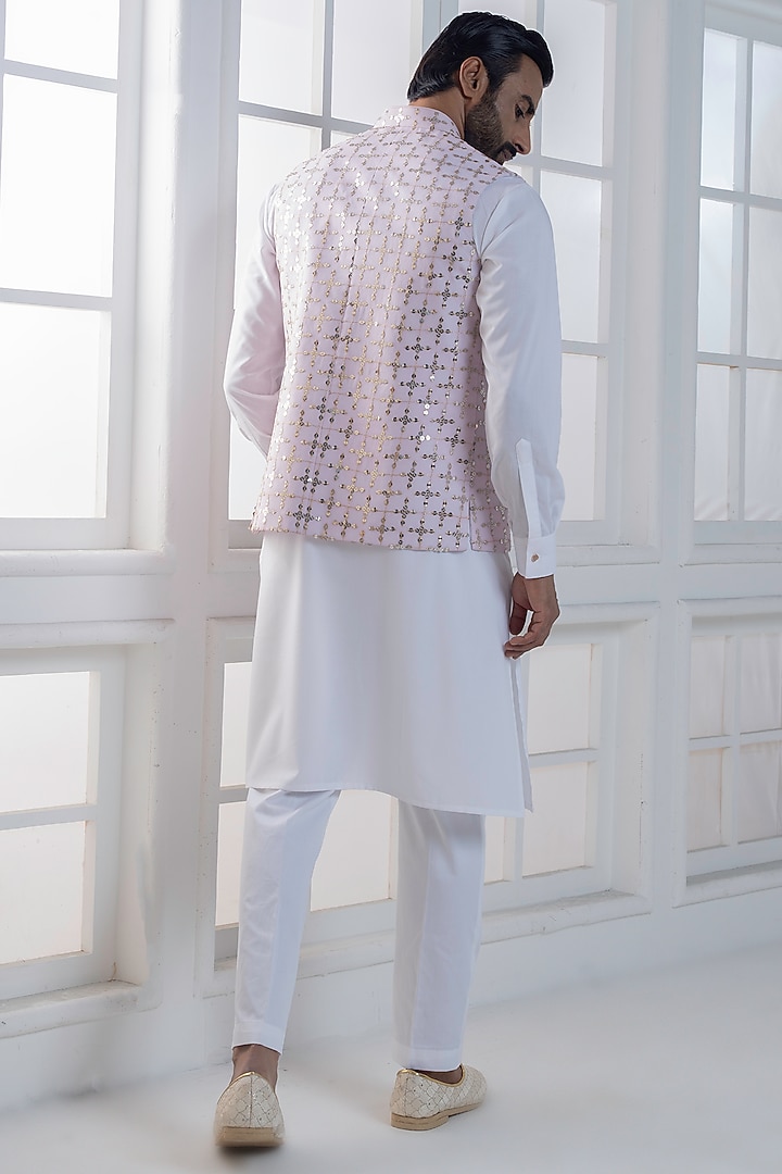 Lavender Cotton Satin Hand & Embroidered Nehru Jacket Set by AJAY KMR at Pernia's Pop Up Shop