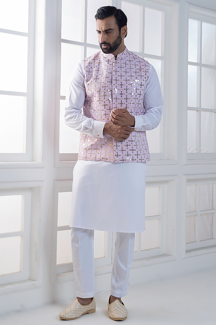 Lavender Cotton Satin Hand & Embroidered Nehru Jacket Set by AJAY KMR at Pernia's Pop Up Shop