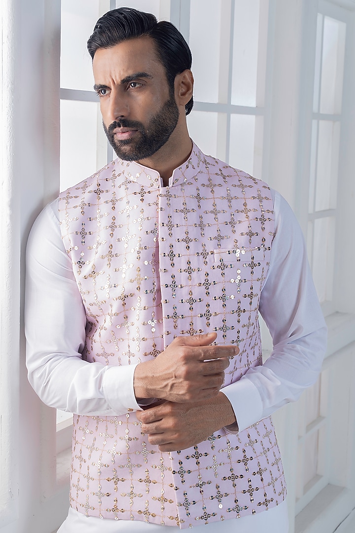 Lavender Cotton Satin Hand & Embroidered Nehru Jacket Set by AJAY KMR at Pernia's Pop Up Shop