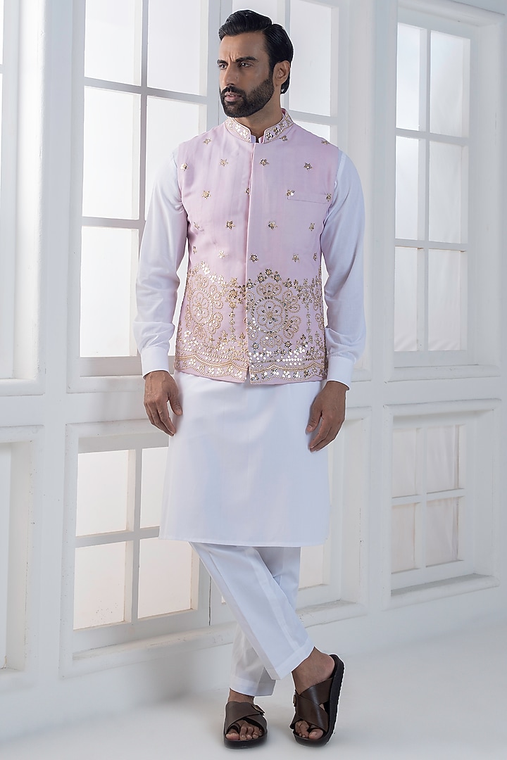 Lavender Cotton Satin Hand & Embroidered Nehru Jacket Set by AJAY KMR at Pernia's Pop Up Shop