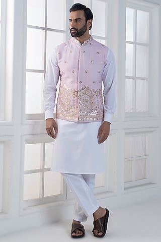 Lavender Cotton Satin Hand & Embroidered Nehru Jacket Set by AJAY KMR