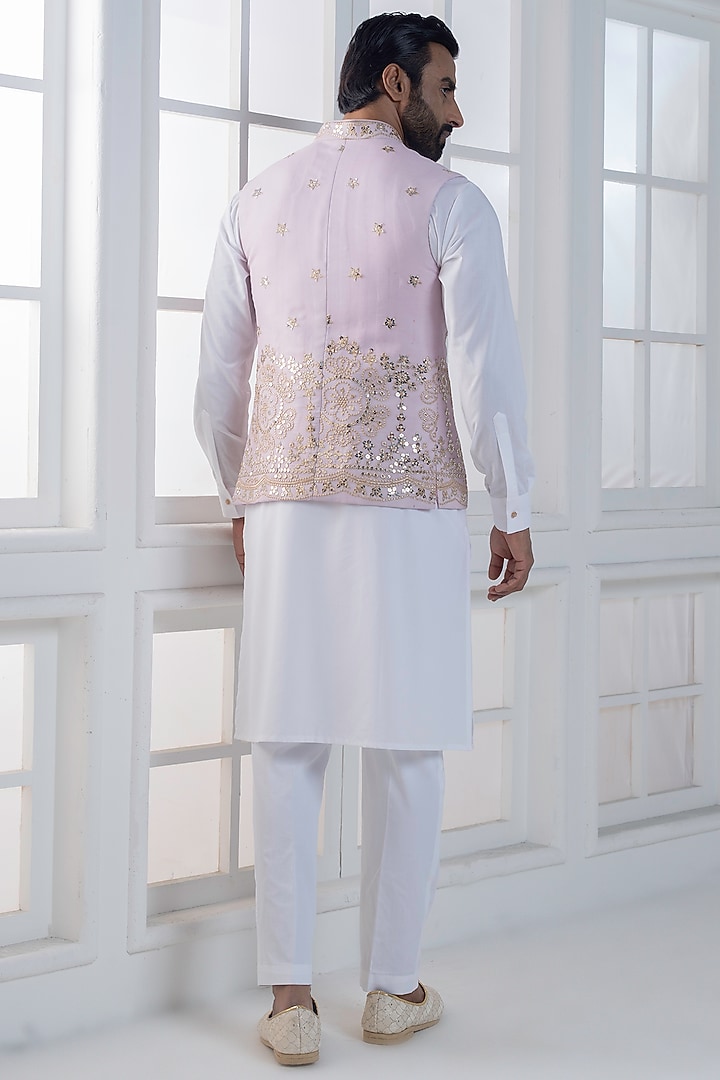 Lavender Cotton Satin Hand & Embroidered Nehru Jacket Set by AJAY KMR at Pernia's Pop Up Shop