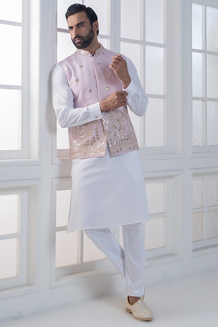 Lavender Cotton Satin Hand & Embroidered Nehru Jacket Set by AJAY KMR at Pernia's Pop Up Shop