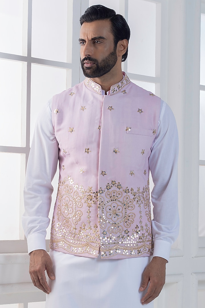 Lavender Cotton Satin Hand & Embroidered Nehru Jacket Set by AJAY KMR at Pernia's Pop Up Shop