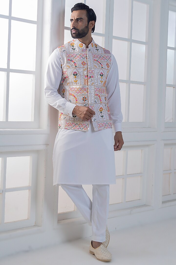 Multi-Colored Cotton Satin Hand & Embroidered Nehru Jacket Set by AJAY KMR at Pernia's Pop Up Shop