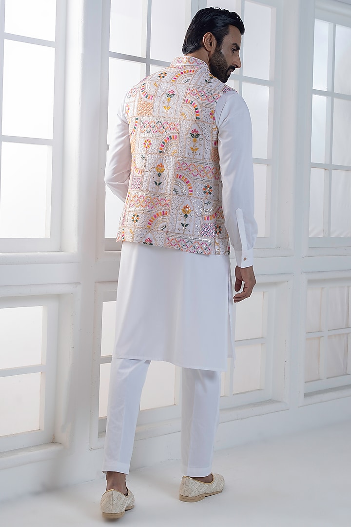 Multi-Colored Cotton Satin Hand & Embroidered Nehru Jacket Set by AJAY KMR at Pernia's Pop Up Shop