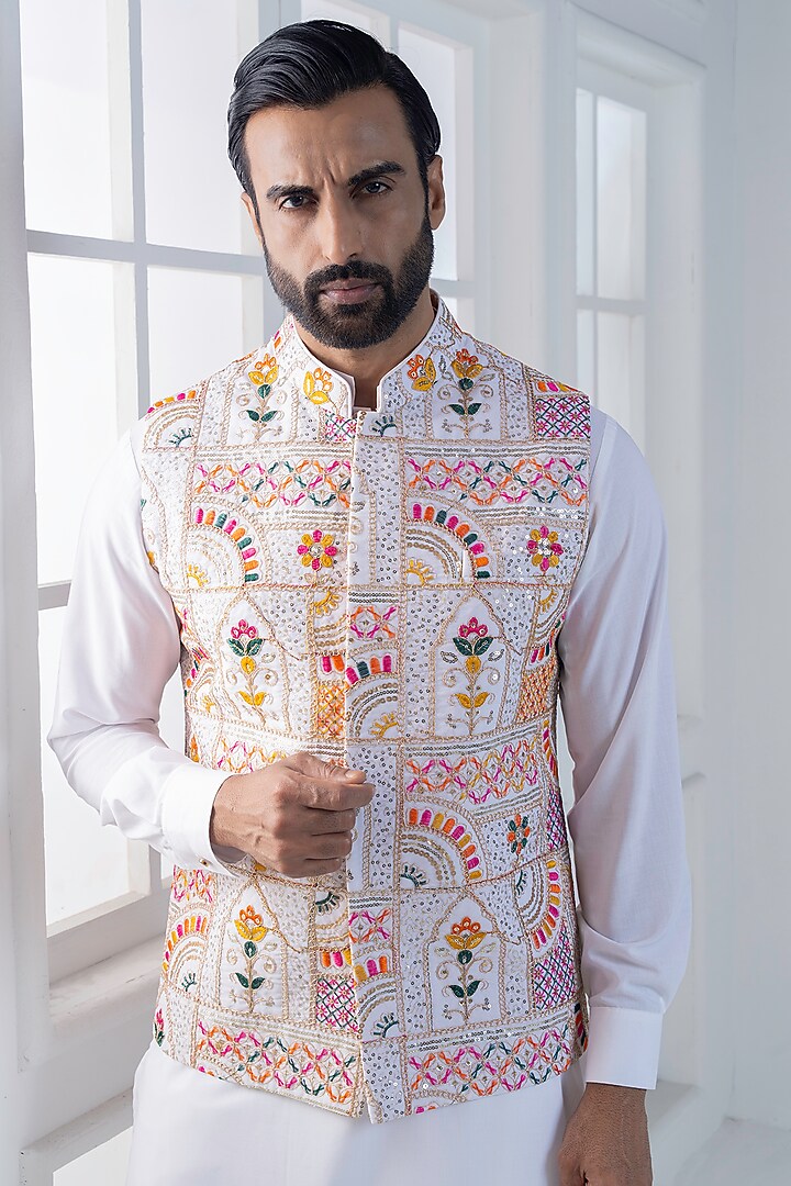 Multi-Colored Cotton Satin Hand & Embroidered Nehru Jacket Set by AJAY KMR at Pernia's Pop Up Shop