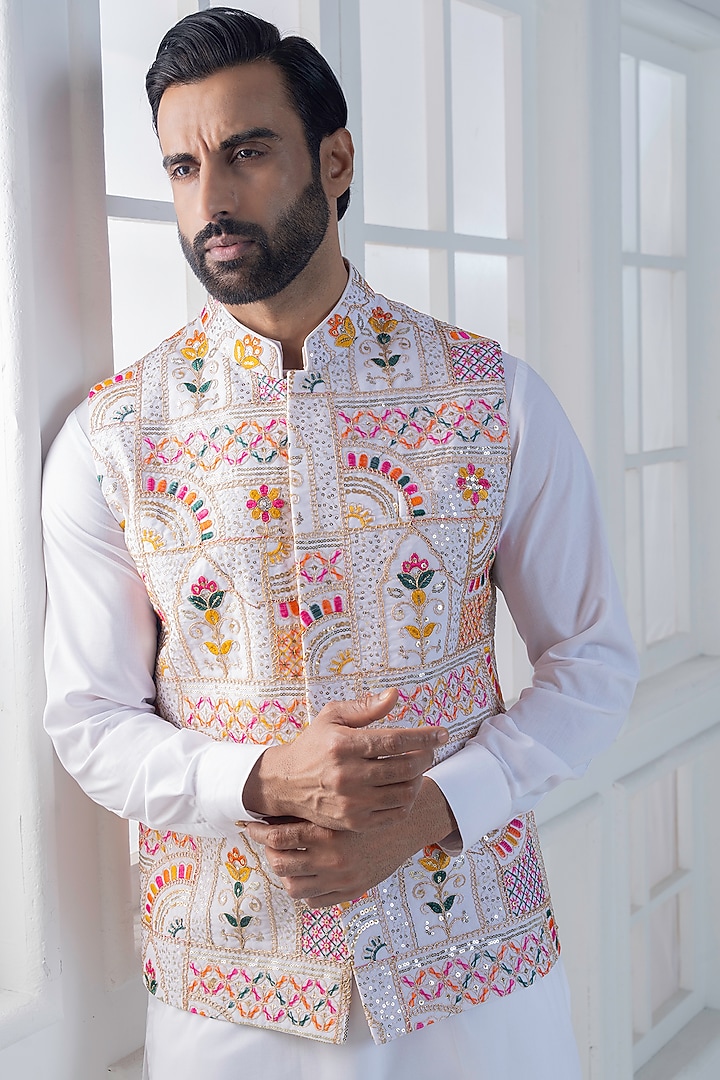 Multi-Colored Cotton Satin Hand & Embroidered Nehru Jacket Set by AJAY KMR at Pernia's Pop Up Shop