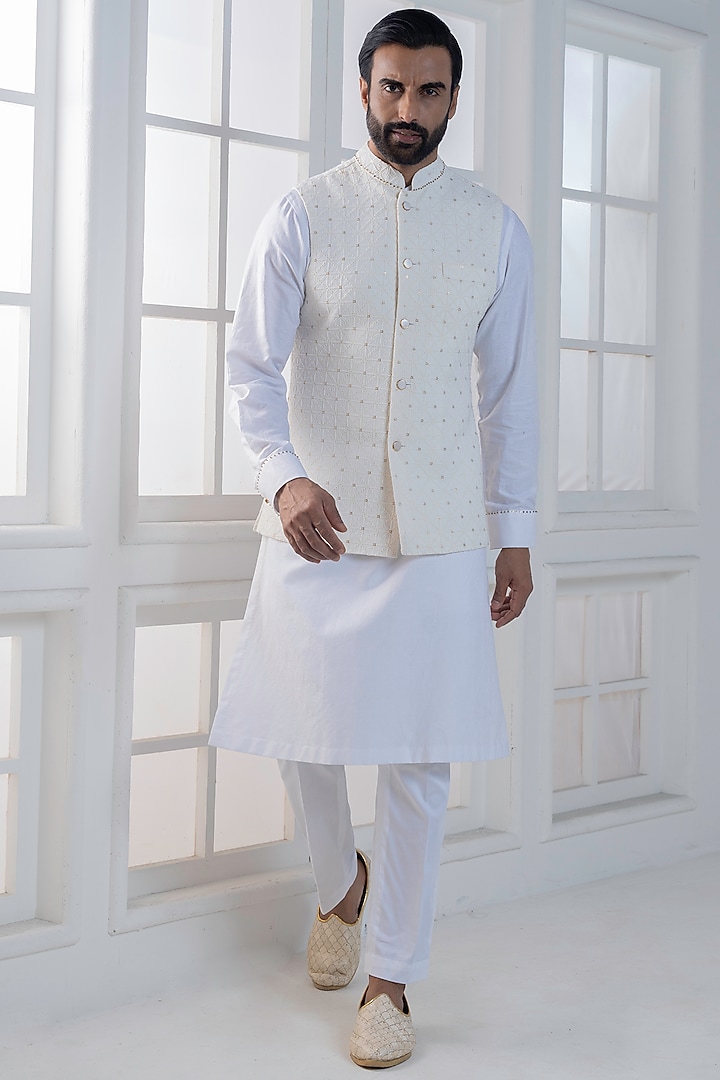White Cotton Satin Hand & Embroidered Nehru Jacket Set by AJAY KMR at Pernia's Pop Up Shop