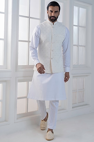 White Cotton Satin Hand & Embroidered Nehru Jacket Set by AJAY KMR
