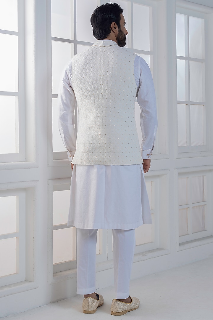 White Cotton Satin Hand & Embroidered Nehru Jacket Set by AJAY KMR at Pernia's Pop Up Shop