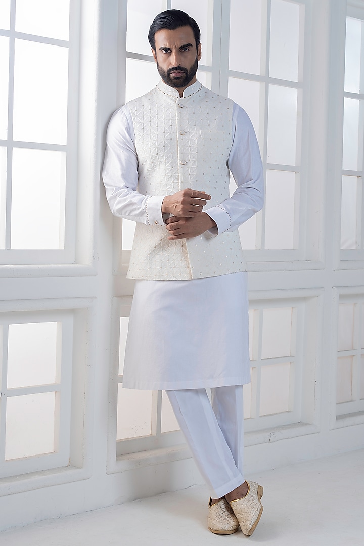 White Cotton Satin Hand & Embroidered Nehru Jacket Set by AJAY KMR at Pernia's Pop Up Shop
