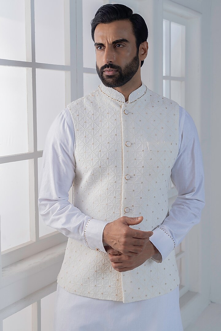 White Cotton Satin Hand & Embroidered Nehru Jacket Set by AJAY KMR at Pernia's Pop Up Shop