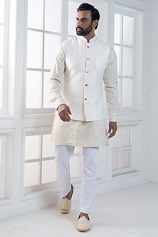 Ivory Jacquard Sequins Embroidered Nehru Jacket Set by AJAY KMR