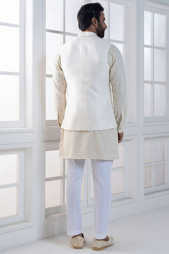 Ivory Jacquard Sequins Embroidered Nehru Jacket Set by AJAY KMR at Pernia's Pop Up Shop