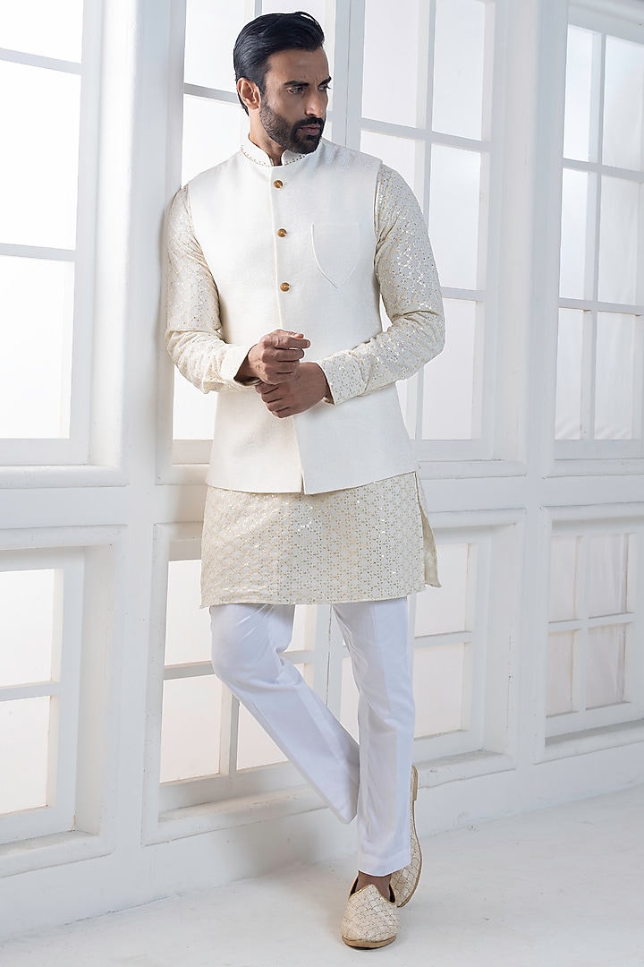 Ivory Jacquard Sequins Embroidered Nehru Jacket Set by AJAY KMR at Pernia's Pop Up Shop