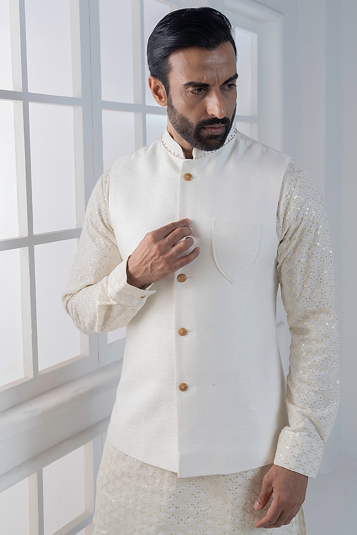 Ivory Jacquard Sequins Embroidered Nehru Jacket Set by AJAY KMR at Pernia's Pop Up Shop