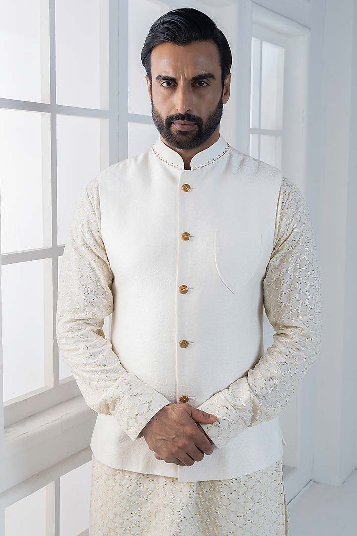 Ivory Jacquard Sequins Embroidered Nehru Jacket Set by AJAY KMR at Pernia's Pop Up Shop