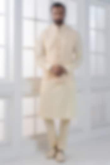 Beige Silk Brocade Hand Embroidered Nehru Jacket Set by AJAY KMR at Pernia's Pop Up Shop