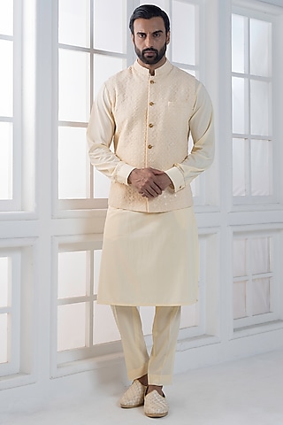 Beige Silk Brocade Hand Embroidered Nehru Jacket Set by AJAY KMR