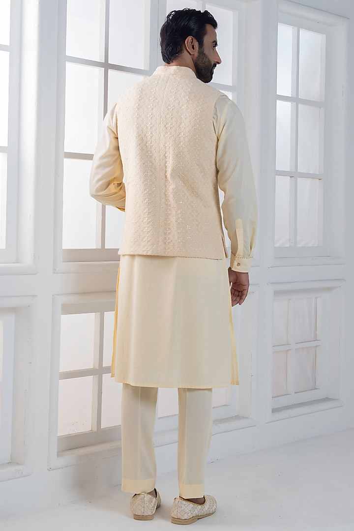 Beige Silk Brocade Hand Embroidered Nehru Jacket Set by AJAY KMR at Pernia's Pop Up Shop