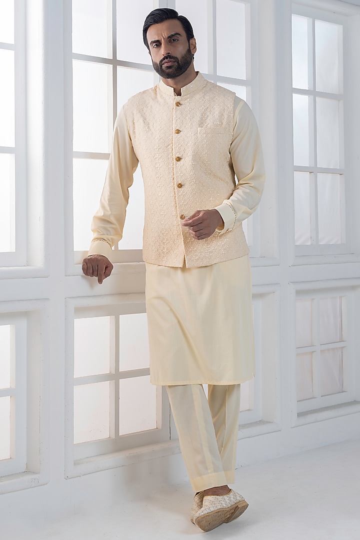 Beige Silk Brocade Hand Embroidered Nehru Jacket Set by AJAY KMR at Pernia's Pop Up Shop