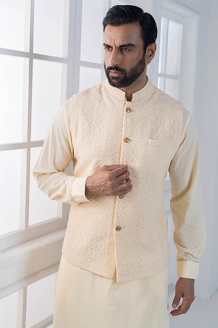 Beige Silk Brocade Hand Embroidered Nehru Jacket Set by AJAY KMR at Pernia's Pop Up Shop
