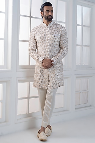 Ivory Cotton Satin Sequin Embroidered Kurta Set by AJAY KMR
