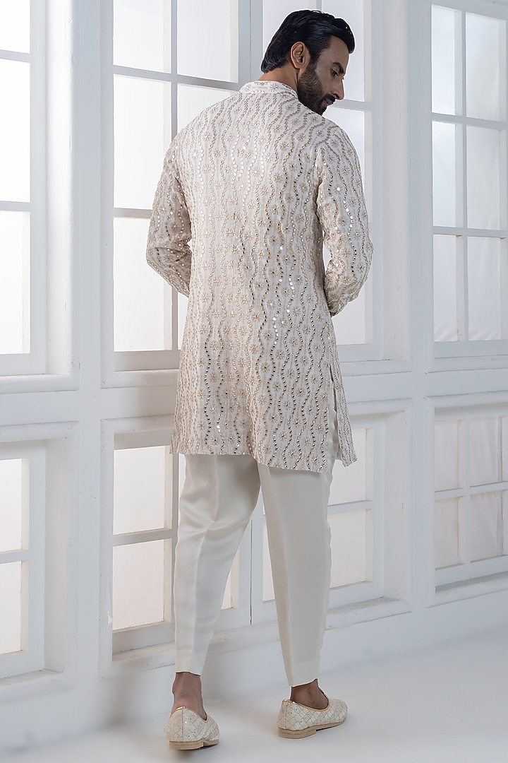 Ivory Cotton Satin Sequin Embroidered Kurta Set by AJAY KMR at Pernia's Pop Up Shop