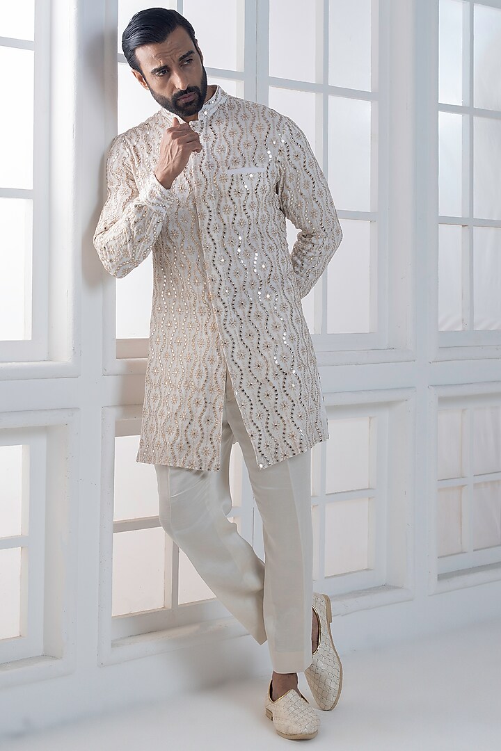 Ivory Cotton Satin Sequin Embroidered Kurta Set by AJAY KMR at Pernia's Pop Up Shop