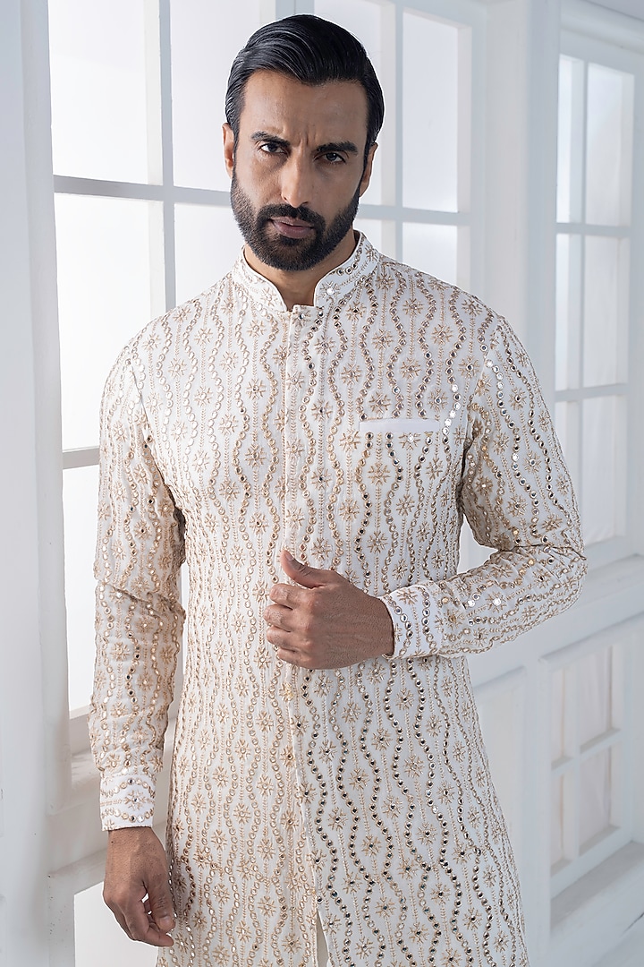 Ivory Cotton Satin Sequin Embroidered Kurta Set by AJAY KMR at Pernia's Pop Up Shop