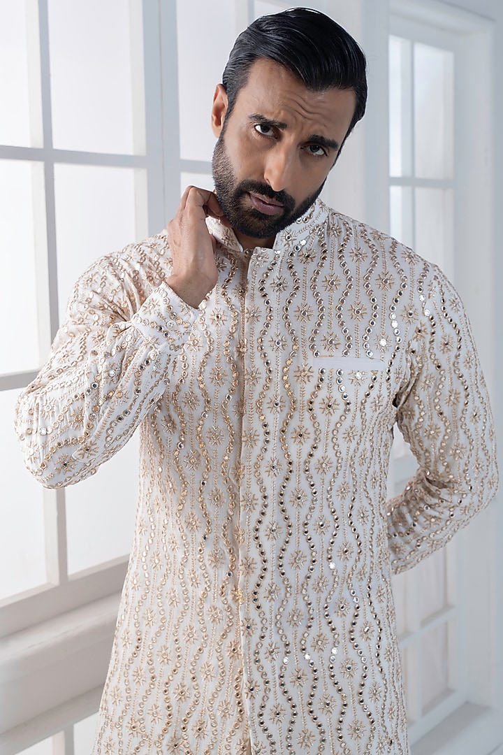 Ivory Cotton Satin Sequin Embroidered Kurta Set by AJAY KMR at Pernia's Pop Up Shop