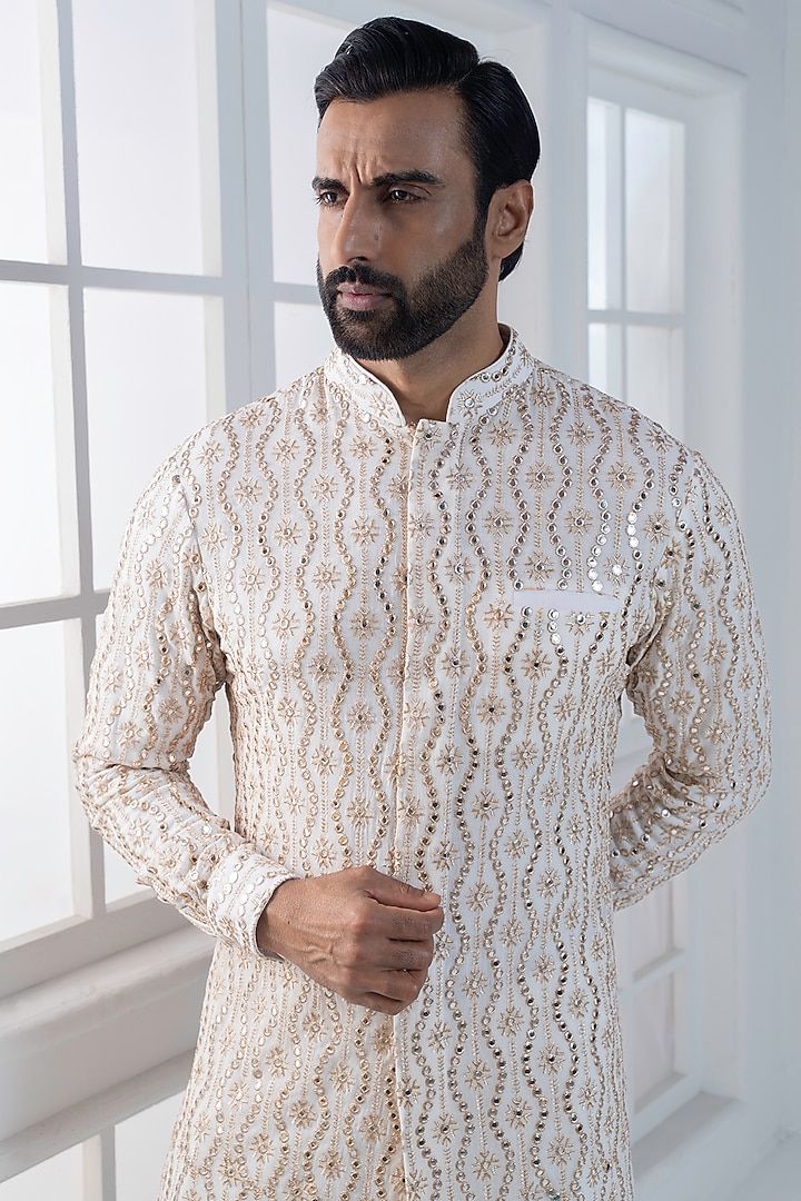 Ivory Cotton Satin Sequin Embroidered Kurta Set by AJAY KMR at Pernia's Pop Up Shop