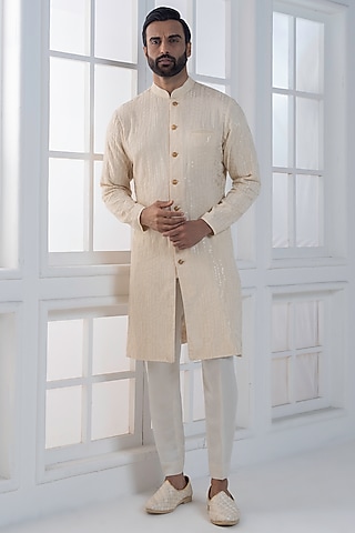 Beige Silk Sequin Hand Embroidered Kurta Set by AJAY KMR