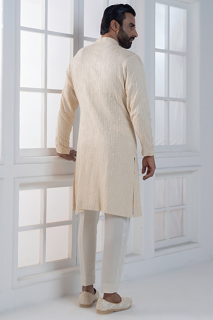 Beige Silk Sequin Hand Embroidered Kurta Set by AJAY KMR at Pernia's Pop Up Shop