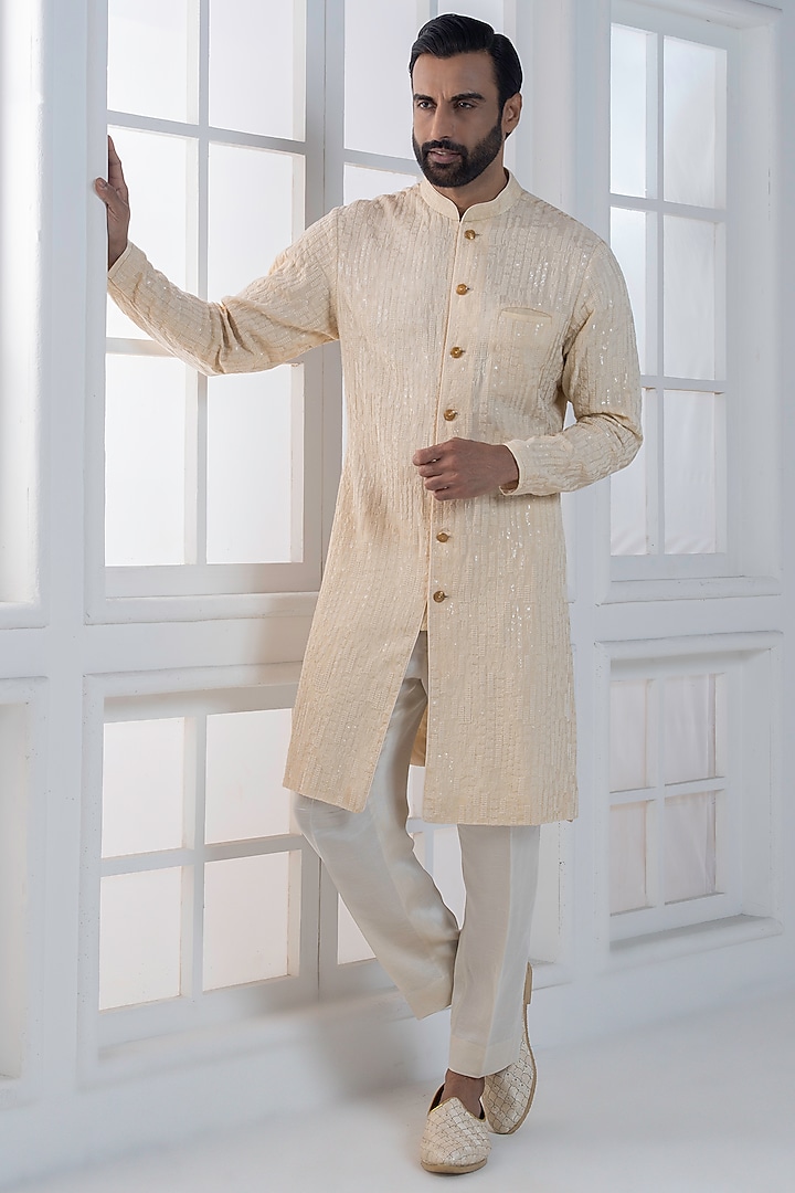 Beige Silk Sequin Hand Embroidered Kurta Set by AJAY KMR at Pernia's Pop Up Shop