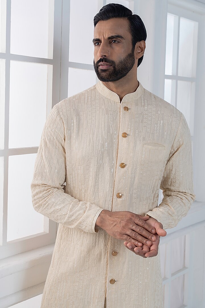 Beige Silk Sequin Hand Embroidered Kurta Set by AJAY KMR at Pernia's Pop Up Shop