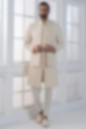 Beige Silk Hand & Machine Embroidered Jacket Set by AJAY KMR at Pernia's Pop Up Shop