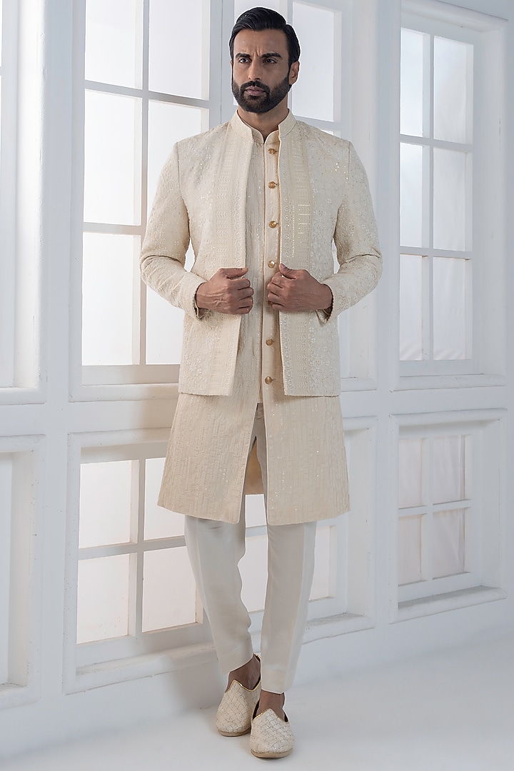 Beige Silk Hand & Machine Embroidered Jacket Set by AJAY KMR at Pernia's Pop Up Shop