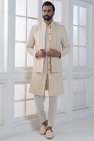 Beige Silk Hand & Machine Embroidered Jacket Set by AJAY KMR