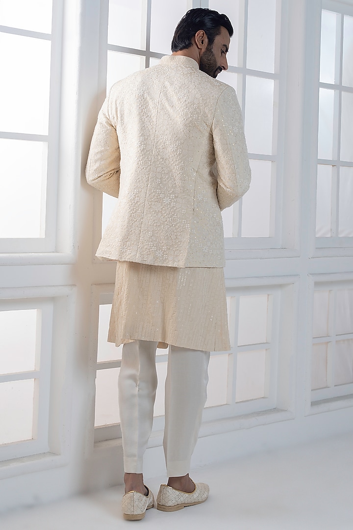 Beige Silk Hand & Machine Embroidered Jacket Set by AJAY KMR at Pernia's Pop Up Shop